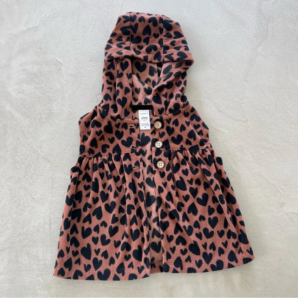 Carter's Black Heart Pattern Hooded‎ Fleece Vest Brown 24m